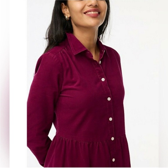 ♥️J.Crew Factory Corduroy Collared Mini Shirtdress - 00 - Deep Raspberry - Picture 3 of 14